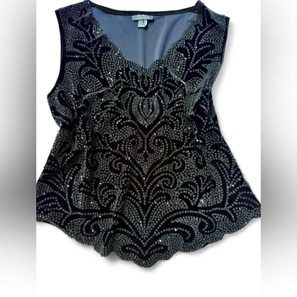 Y2K Black Velvet Rhinestone Tank Top Glam Party Going Out Size L